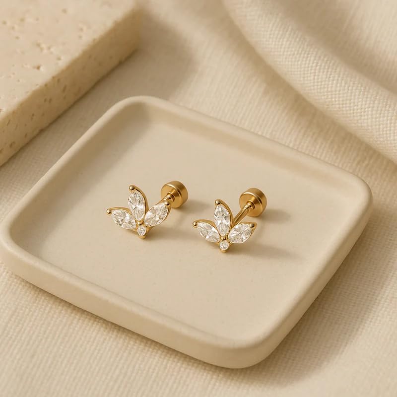 Image of 925 Silver Leafy Stud Earrings, 18K 1 Micron Gold Vermeil, White Cubic Zirconia, Screw Back