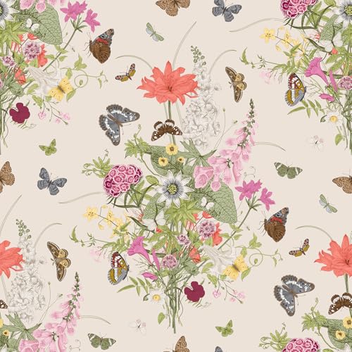 VaryFloral Papel pintado autoadhesivo con diseño floral para muebles, 44,5 cm x 400 cm, papel pintado fotográfico para muebles, mariposa, beige, vintage, impermeable, para encimeras de cocina