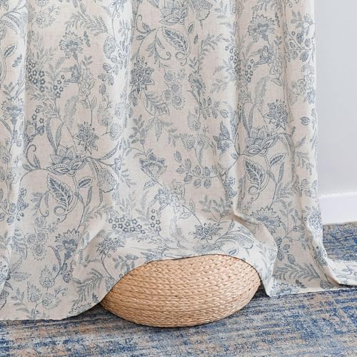 Rideaux en lin fleuris bleu et beige avec passants cachés TOPICK