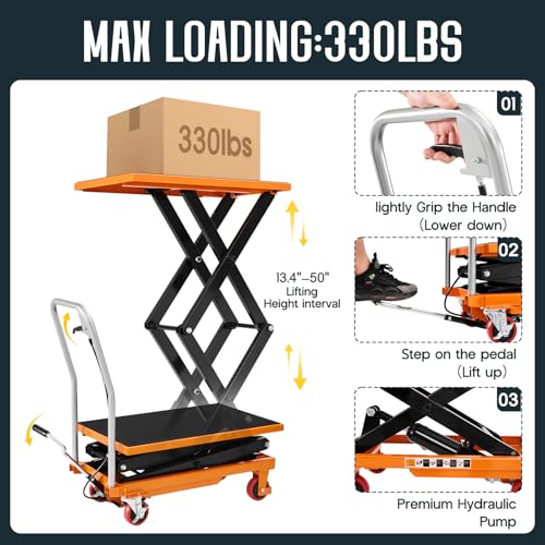 Specraft 330 lbs Hydraulic Lift Cart, Double Scissor Lift Table Up to 50\", 4-Wheel Material Handling Platform with Non-Slip Pad, Orange