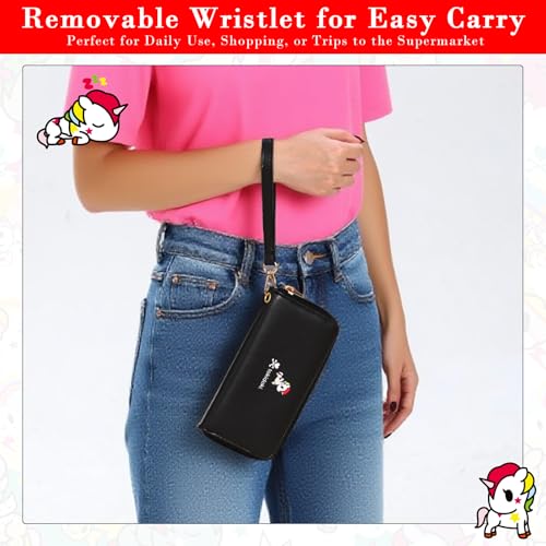 Tokidoki Leather Wallets for Women Clutch Handbags Large Capacity Purse Credit Card Holder Cash Pocket with Grip Hand Strap Long (Black)3