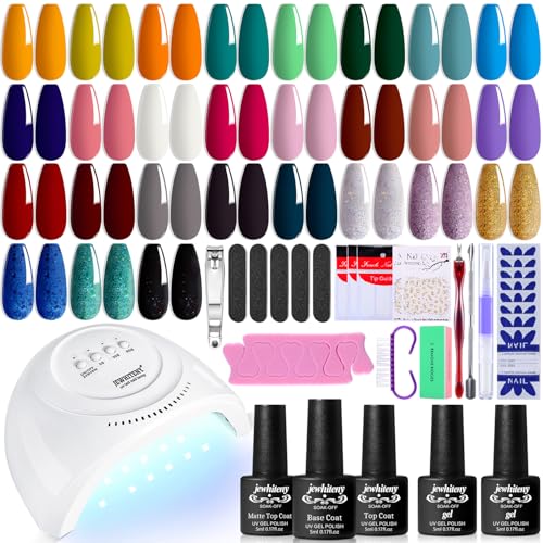 JEWHITENY 30PCS Nail Polish Kit 27 Colors Green Blue Pink Orange Gitter Sock Off Gel Polish with Matte& Glossy Top Base Coat for DIY Nail Art Manucure at Home Salon