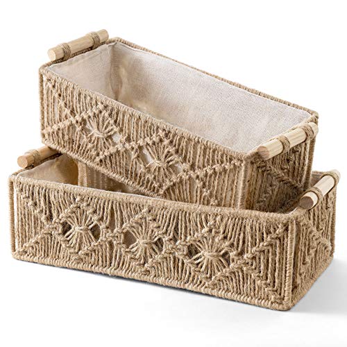Mkono Macrame Storage Baskets Boho Decor Box Handmade Woven Decorative Countertop Toilet Tank Shelf Cabinet Organizer for Bedroom Livingroom Home, Set of 2, Brown by Mkono - Image 5
