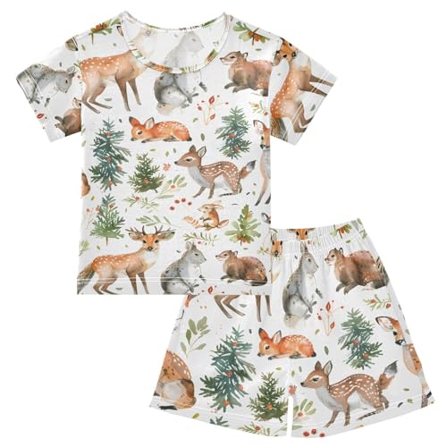 ALAZA Christmas Tree Deer Watercolor Pajamas Short Sleeve 2 Piece Sleepwear Top and Bottom Pajama Set Unisex