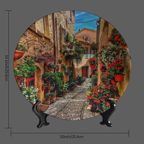 Landscape Theme Ceramic Decorative Plates, Flowery Country Streets Round Decorative Plate, with Decorative Bracket, for Living Room Bedroom Kitchen or Office Wall Hanging, 10 inch - Image 4