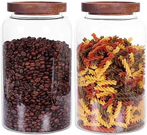 Large Glass Jar with Airtight Lid Set of 2 93 FL OZ(2750ml) glass canister set, Glass Food Containers Wooden Lid Suit for Kitchen Pantry for Flour, Tea, Coffee Beans, Sugar, Cookies(8.8 inch high)