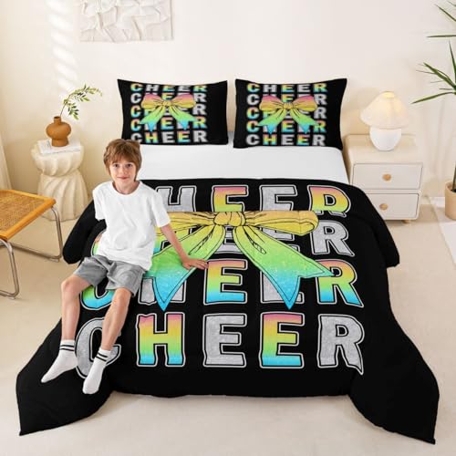 Image of Feelyou Colorful Cheer Bow Kids Comforter Set Toddler Size Glitter Cheerleader Bedding Set Cheerleading Duvet Quilt for Kids Boys Girls Bedroom Sport Decor Microfiber Ultra Soft Breathable