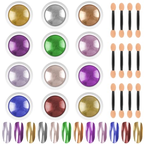 LOPHE Polvere per unghie cromate 12 vasetti effetto specchio, unghie glitter specchio metallico con 12 bastoncini di ombretto, scintillio pigmento per decorazione (12 colori)