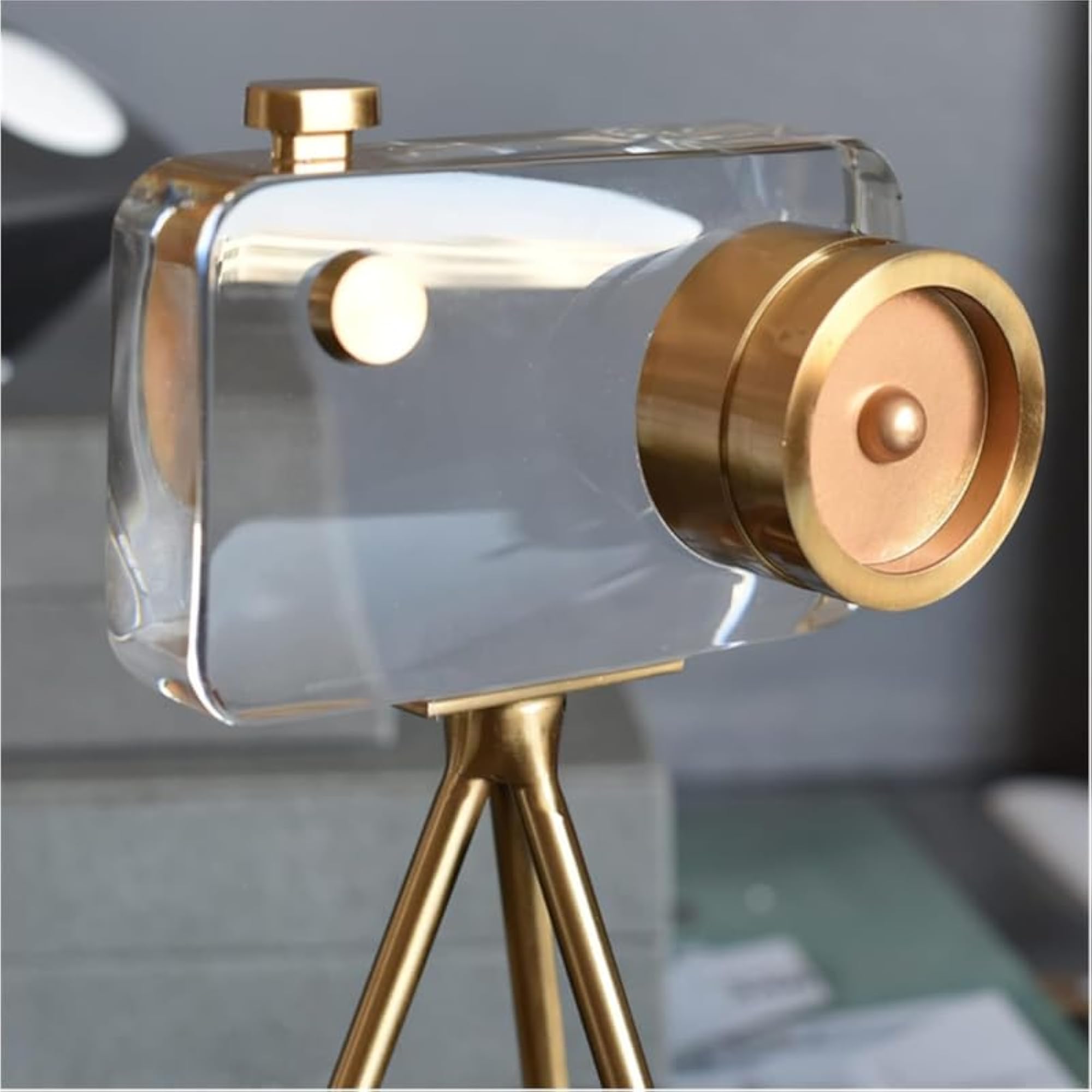 Crystal Camera Showpiece with Brass Accents