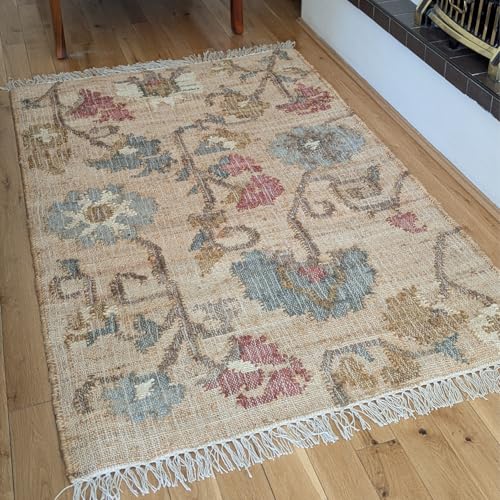 Quashey Handgeknüpfter Kelim-Teppich aus Jute & Baumwolle mit Blumenmotiv - Nachhaltiger Naturfaser-Bodenteppich für Wohnzimmer & Schlafzimmer