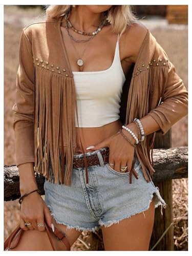 SOLY HUX Women's Faux Suede Fringe Trim Long Sleeve Open Front Cardigan Jacket Western Concert Outfits3