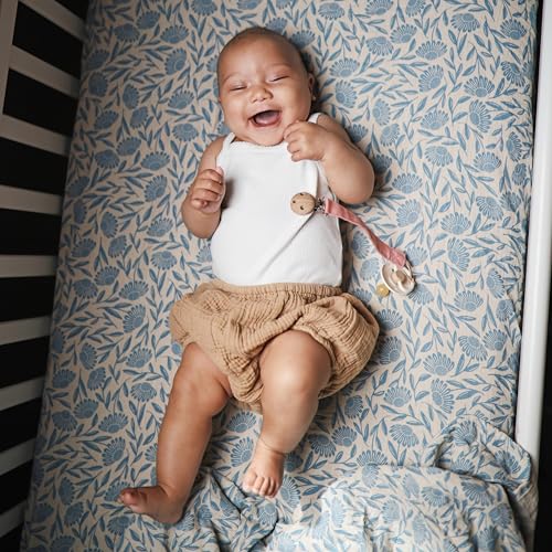 Image of mushie Muslin Baby Swaddle Blanket | 100% Organic Cotton (Blue Flowers)