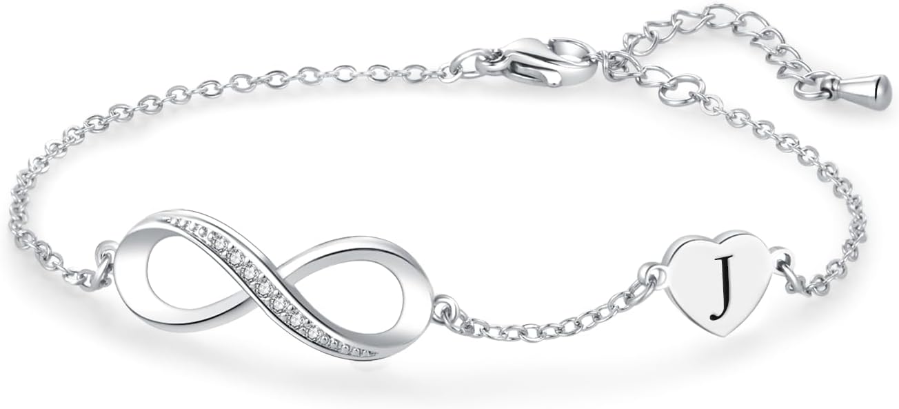 Silver Infinite Initial A-Z Heart Bracelets Christmas Birthday Jewelry Gift for Women Daughter Adjustable Stainless Steel Bracelets with Letter Charms