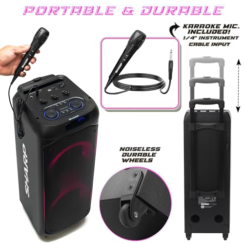 Sharp PS-935 Party Speaker System with Microphone - Bluetooth Portable Loud Speaker - Luggage-Style Handle and Wheels!