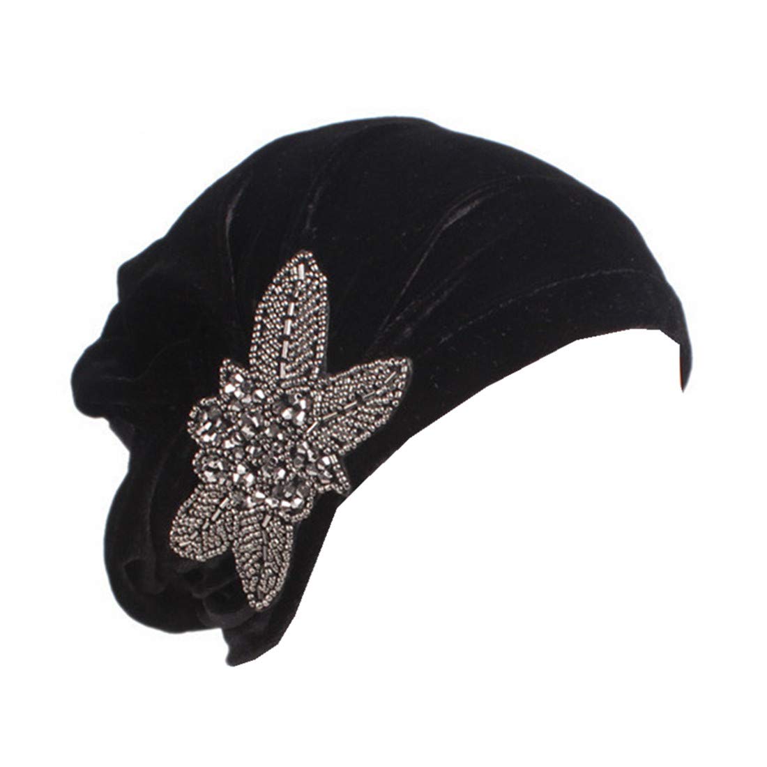 Qhome Fashion Women's Elegant Soft Velvet Turban Beanie with Beaded Flower Hat Chemo Cap Liner for Cancer Hair Loss Ladies