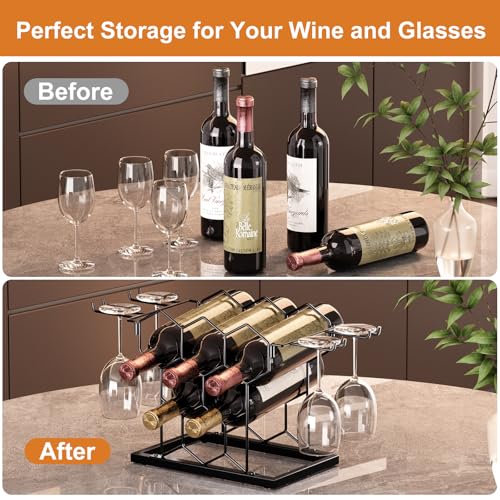 B4Life Countertop Wine Rack 3 Tier, Wine Rack with Glass Holder 8 Bottles, Freestanding Small Liquor Holder Metal, Tabletop Bottle Storage Stand for for Home, Kitchen, Bar, Cellar (Black, 8 Bottles)