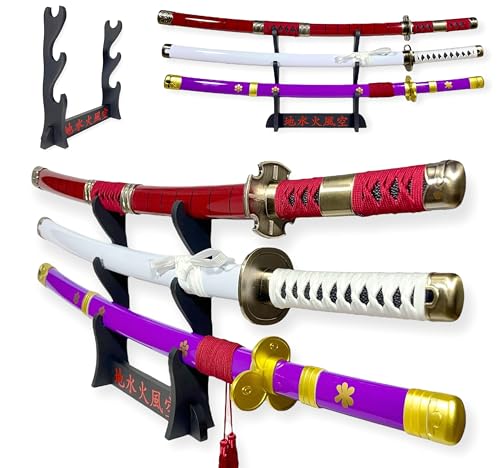 FÉENOMENN Katana One Piece Pack Zoro 3 Espadas (ENMA, WADO ICHIMONJI, SANDAI KITETSU) - Hoja de Madera - Soporte Japonés Incluido
