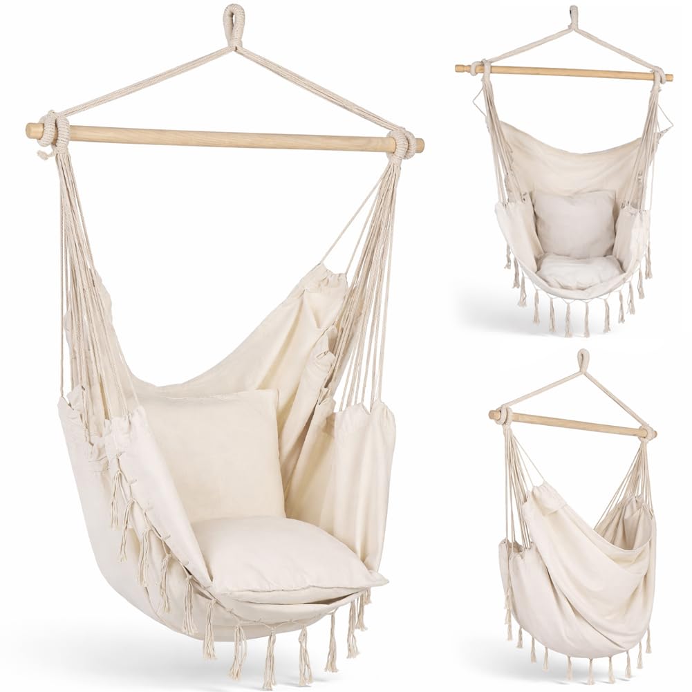 BAKAJI Amaca Poltrona Sospesa Bianca con Cuscino e Seduta Ergonomica per Interno ed Esterno, Sedia a Dondolo con Gancio Capacità 150kg, Ideale per Soggiorno, Giardino, Patio, Tessuto Traspirante
