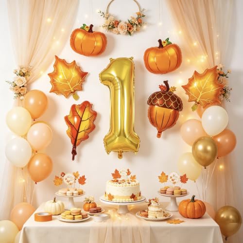 Image of 6 Pcs Fall 1st Birthday Balloons, Pumpkin Maple Leaf Acorn Foil Balloons