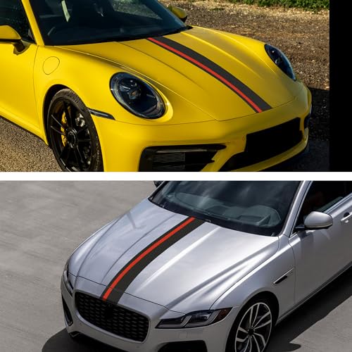 Image of TOMALL 55''x7'' Car Hood Sticker Auto Racing Body Side Skirt Roof Hood Bumper Stripe Decal Carbon Fiber Vinyl Modified Stripe Decal Decorations for Car (Carbon Fiber+Red)