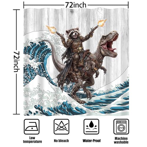 Image of iTapnoom Funny Bear Riding Dinosaur Shower Curtain, Kids Fun Animal Ocean Cool Wave Hilarious Bathroom Decor Waterproof Fabric 72x72 Inch with 12 Hooks