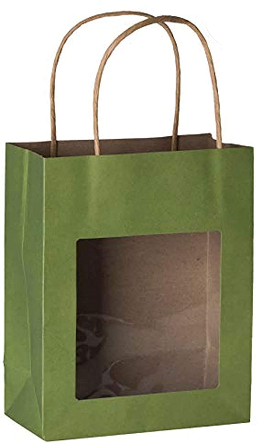 Hammont Paper Bags with Handles – Green Gift Bags Bulk Medium Size 200 Pack Paper Craft Bag – Kraft Bags with Window - Transparent Gift Bags - Party Favor Gift Bags for Kids - 7.75