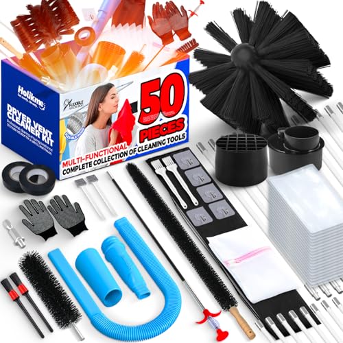 Holikme 50 Pieces 32 Feet Dryer Vent Cleaner Kit, Dryer Cleaning Tools, Include Dryer Vent Brush, Omnidirectional Blue Dryer Lint Vacuum Attachment, Dryer Lint Trap Brush, Vacuum & Dryer Adapters