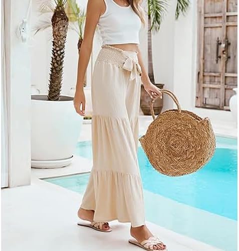 Women's High Waisted Lace Up Flared Pants Wide Leg Cake Wrinkled Casual Trousers