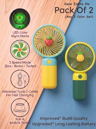 Image of Portable Mini Hand Fan| LED Glow| 3 Speed Mode| Type-C Fast Charging| Mobile Stand| Mini Fan| Travel, Home, Kids Toys & Office Use (Set Of 2 (Any 2 Multi-Color Set))