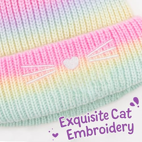 Kids Cat Embroidery Knitted Beanie with Pom Pom, Winter Beanies Hats Warm Ski Cap for Toddler Girls3