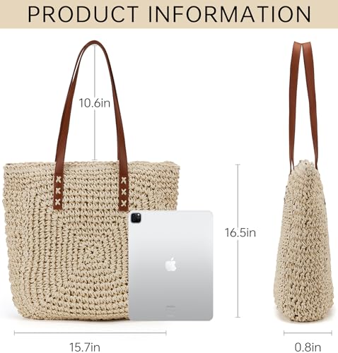 Straw Beach Bag Leather Tote Bag for Women Woven Shoulder Crochet Purse Beach Clutch Purses for Travel Vacation