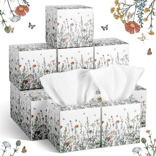 Image of Fourluoo 12 Pack Fall Floral Facial Tissues Cube Boxes, 600 Sheets 3 Ply | Small Square Wildflower Face Tissues Cube Boxes Bulk for Autumn Christmas Car Bedroom Supplies, Floral Butterflies Theme