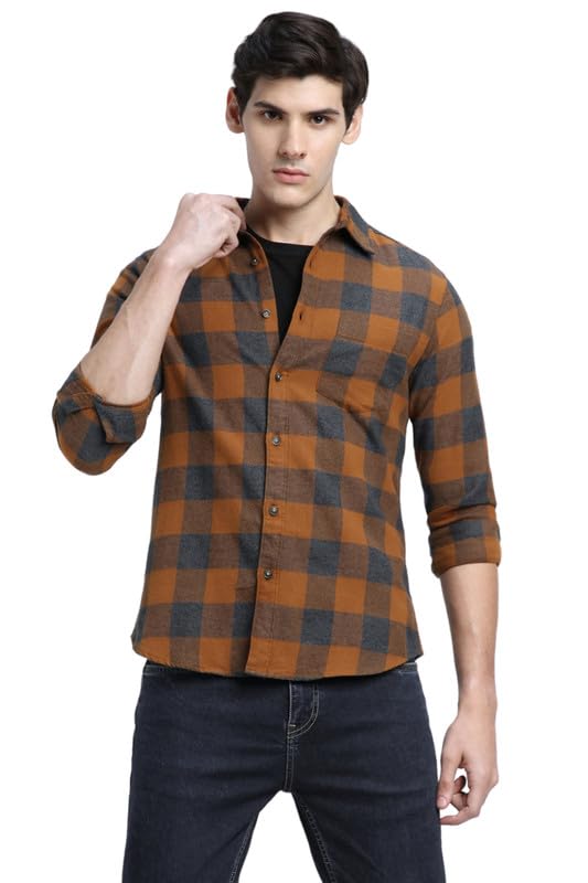 Image of Dennis Lingo Men's Grey Cotton Casual Shirt, Long Sleeve Relaxed Fit Spread Collar