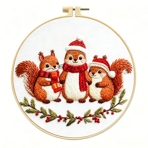 Zhenqing Three Christmas Squirrels Embroidery Kit for Beginners Pre-Printed 29x29cm Circular Cotton Fabric with 20cm Hoop Festive Animal Holiday Decor (C0198)