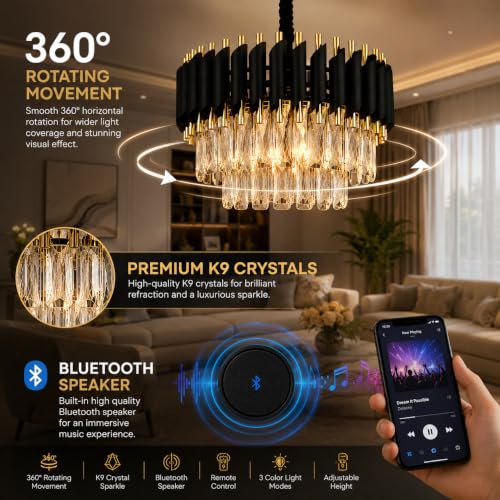 Image of Elegant Chandelier Ceiling Light for Living Room Hanging Pendant Light | Italian K9 Crystals | Metal Frame | Adjustable LED Light-Pack of 1 (Rotatable-300MM-Round-Black Gold-New)