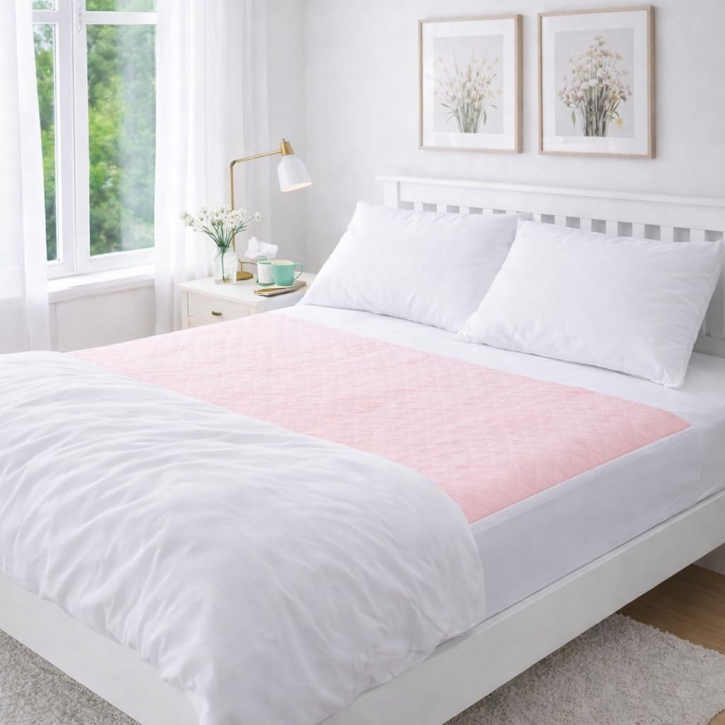 Comfortcare Pink Upper Surface, Blue Lower Surface, Tucks White Deluxe Washable And Absorbent Reusable, Double-Size Bed, Incontinence Pad/Waterproof Mattress Protector With Tucks (Pink)