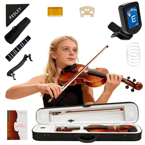 Fesley Violin Fiddle Full Set: 4/4 Matt Violin Kit for Beginners, Acoustic Violin with Hard Case, Solidwood Hand Made Starter Kit with Bow, Rosin, Shoulder Rest, Tuner, Extra Strings