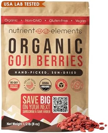 Nutrient Elements Goji Berries - 0.5 lb/8 oz. Certified USDA Organic, Raw, Sun-Dried, Hand-Picked, USA Lab Tested - Resealable Bag - Extra Large Size Berries - No Additives - Free Recipe Book
