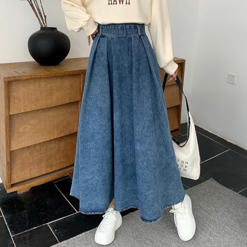 chouyatou Women's Ruffle Denim Skirt Elastic High Waist Pleated A Line Swing Maxi Long Jean Skirt with Belt4
