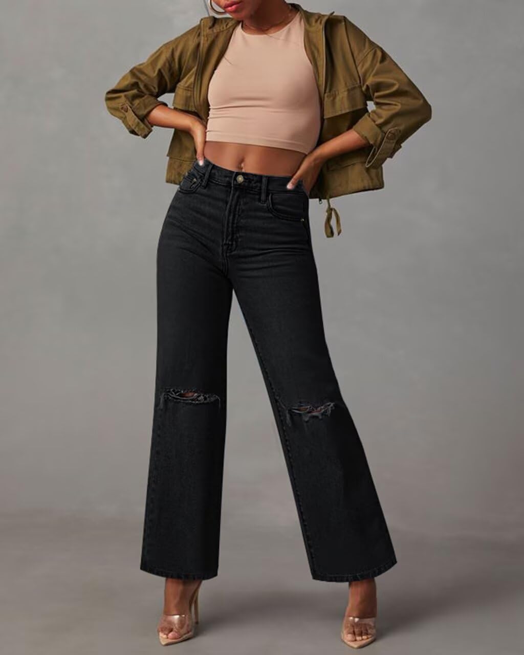 KDF Straight Leg Jeans for Women High Waisted Jeans Frayed Baggy Pants Raw Hem Loose Stretchy Cropped Wide Leg Jeans