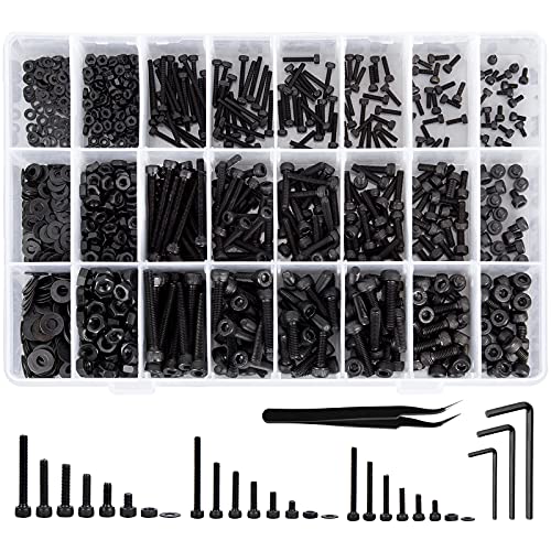 Hakkin Juego de tuercas de 1080 piezas, M2, M3, M4, acero al carbono, hexagonales, cabeza plana, juego de tornillos, tuercas y arandelas, juego con llave y caja Cover