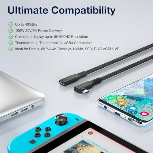 Image of UseBean USB C Extension Cable 240W 1FT, Right Angle USB 4 & Thunderbolt 4 Extension Cable, 40Gbps 8K@60Hz Video, Type C Male to Female USBC Extender Cord, for iPhone 17, MacBook, iPad Pro, Galaxy S25