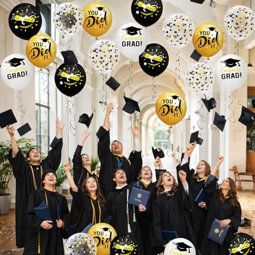 Image of Graduation Decorations 2026 - Graduation Balloons 62pcs 12 Inch Black Gold White Grad Print Latex Confetti Balloons for College High School Class of 2026 Congrats Grad Party Decor Supplies (Ribbon)