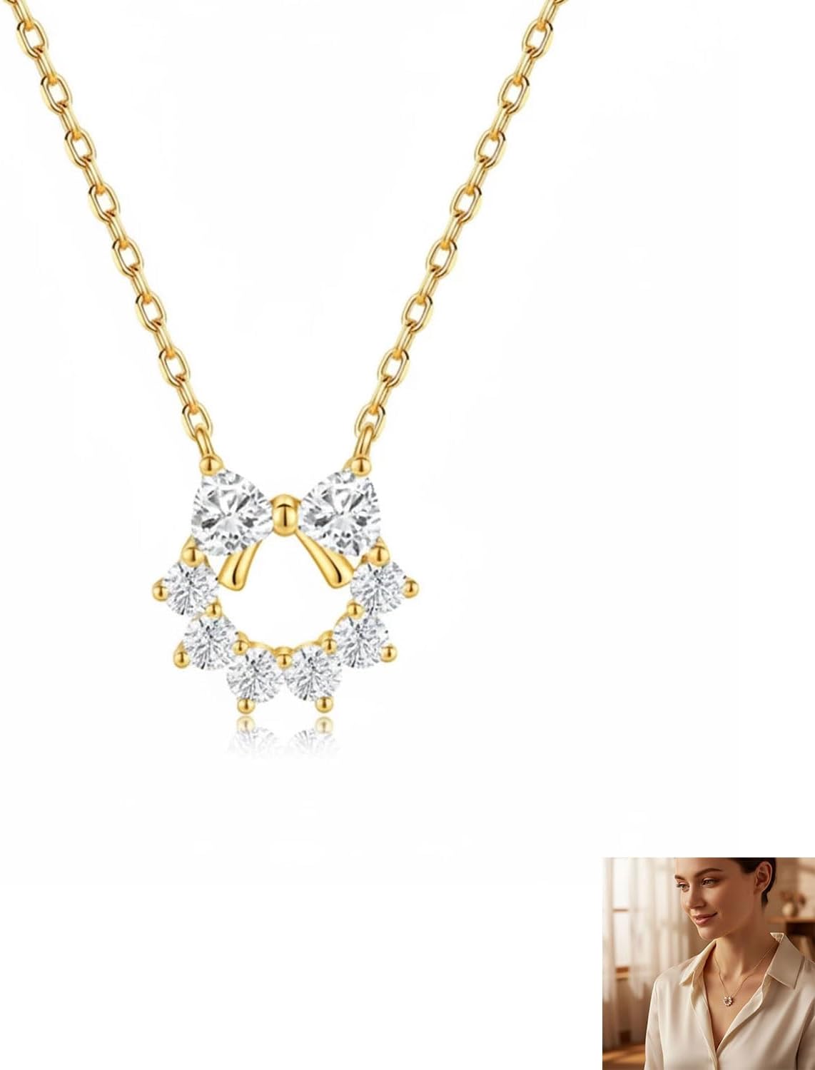 Women's Pendant Necklaces,Gold Plated Necklace for Women,Bow Necklace,Cubic Zirconia Sparkling Circle Pendant for Women, Minimalist Crystal Charm, Birthday Jewelry Gift, Gift for Everyday Wear - Image 8