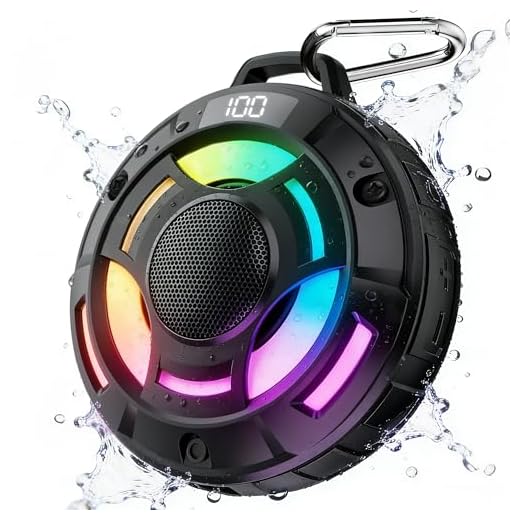 BassBloom Room 1 Shower Bluetooth Speaker, IPX7 Waterproof, Black | 12W Powerful JIKE BASS Sound, 15H Playtime, LED Power Display, RGB Lights, for Kayaking, Pool, Beach, Camping