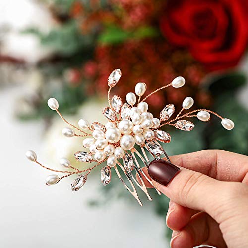 Cosydays Pearl Bride Wedding Hair Comb Sliver Crystal Bridal Hair Piece Rhinestone Wedding Hair Accessories for Women and Girls (Rose Gold)