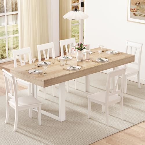 Zevemomo 63'-78.7' Expandable Dining Table, 6-10 Farmhouse Kitchen Table, Extendable Dining Table, Rectangular Kitchen Table with Metal Track, Tapered U-Shaped Legs for Dining Room, Office-Oak