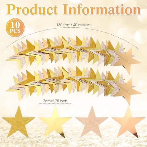 Image of Patelai 130 Feet Glitter Star Garland Banner 2026 Party Decoration Double Side Star Hanging String Streamer Paper Twinkle for Graduation Wedding Birthday (Glitter Gold /Champagne Gold,Gold)