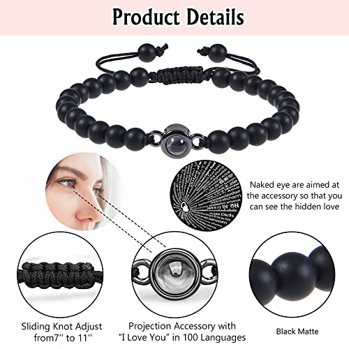 Image of Pingyongchang 2Pcs Natural Stone Bracelets 100 Languages I Love You Bracelets Graduation Gifts,Couple's Memorial Gifts for Boyfriend,Girlfriend,My Love-Black and Pink