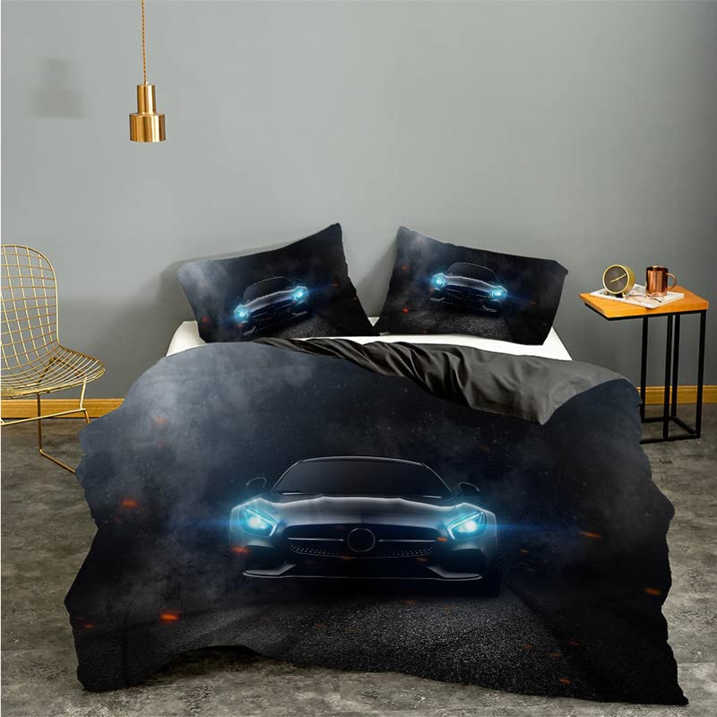 Housse de couette 160x200 voiture grise parure de lit enfant microfibre 110g/㎡ avec taies